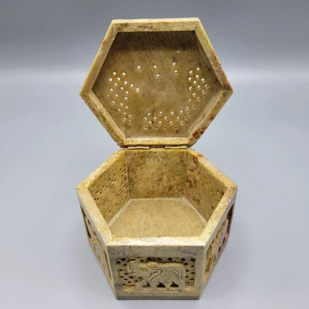 Vintage Carved Soapstone Hinged Trinket Box Trunk Up Elephant Hexagon Box